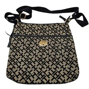 Tommy Hilfiger Monogram Crossbody Bag Purse Beige Black Adjustable Strap‎ EUC